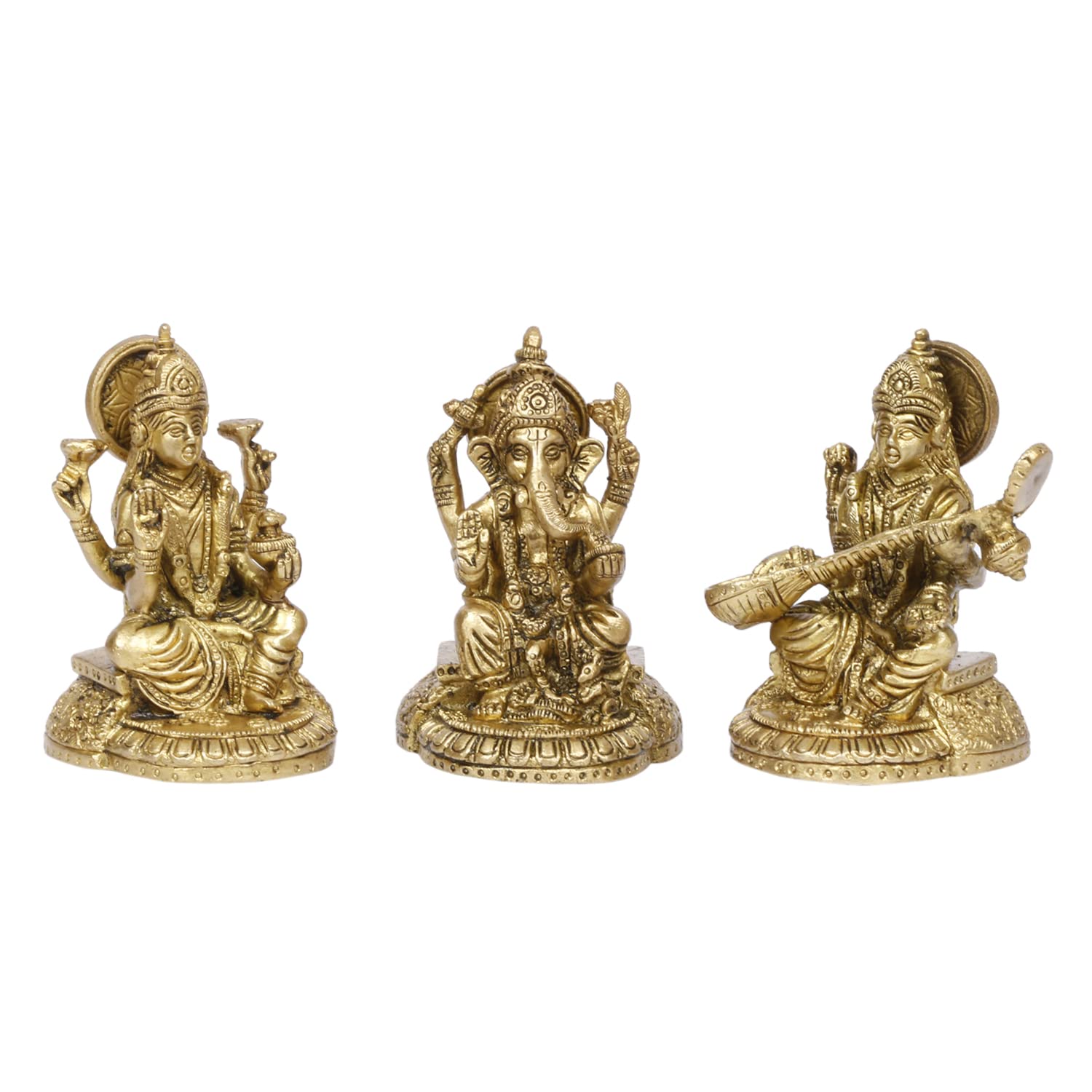 Kartique Brass Laxmi Saraswati Ganesh Metal Statue Of Bhagwan Idol Ganpati Murti For Home Office Success Entrance Decor Pooja Gi